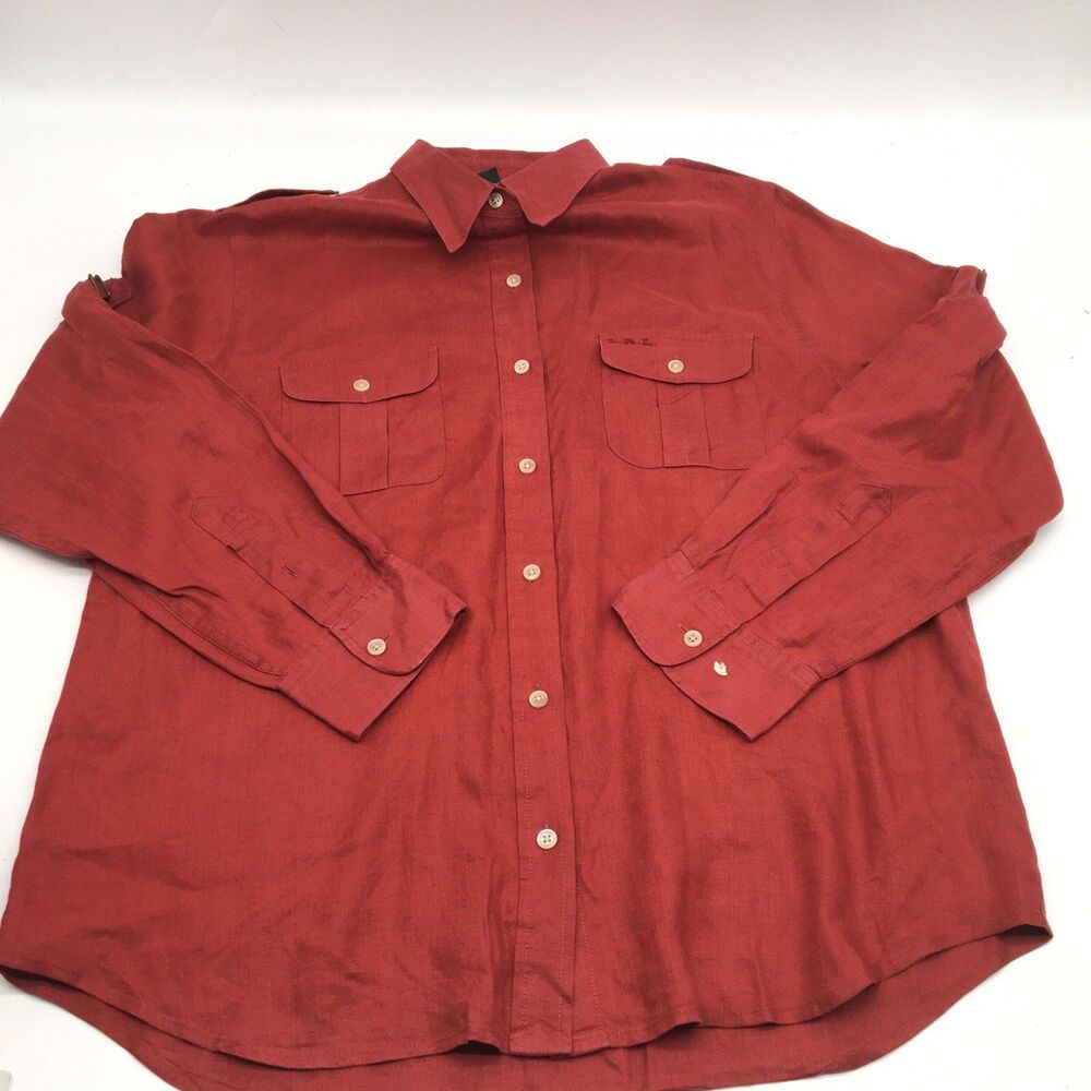 Vintage Ralph Lauren Women's Sz L Red Linen Roll Tab Sleeve Button Up Shirt